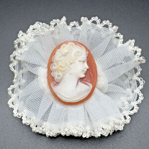 Vintage Beautiful Carved Shell Cameo Brooch Collar Pin Lace Surround Victorian